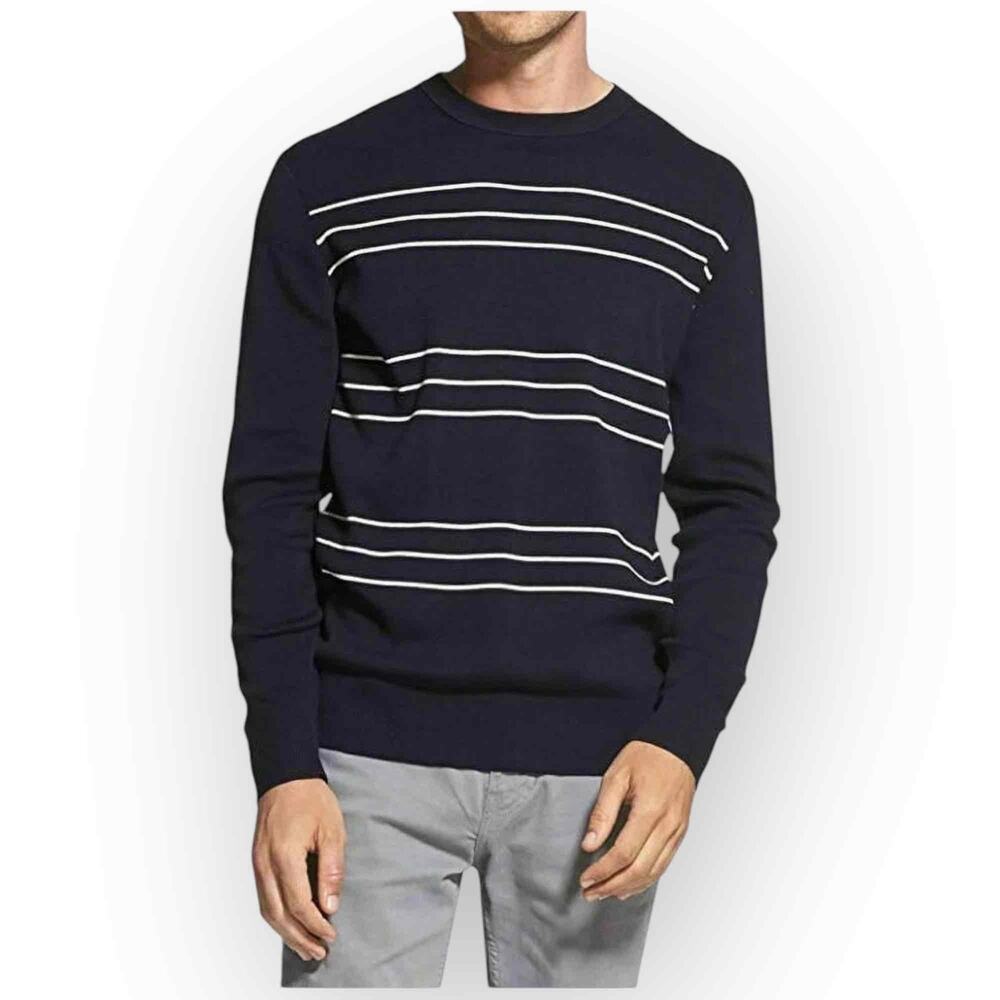 DKNY Men’s Cotton Crew Neck Sweater - Navy with White Stripes, Medium W103M